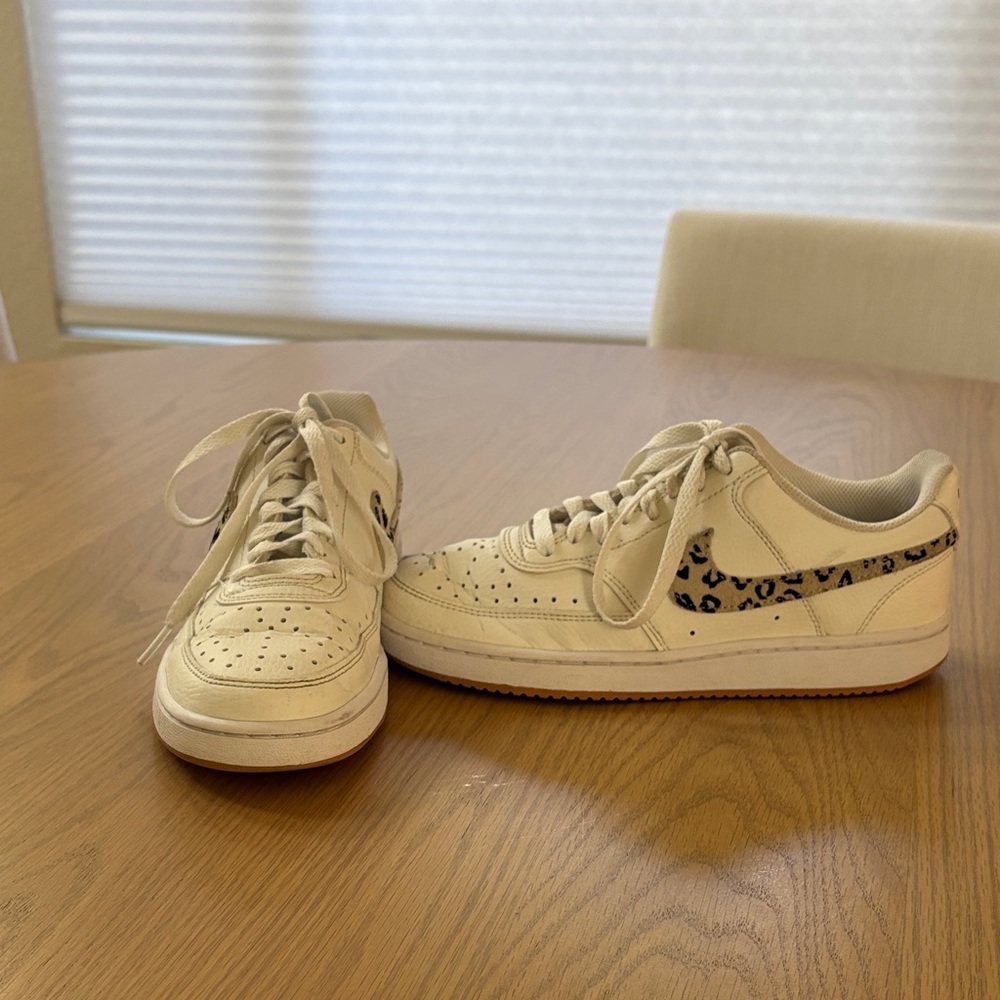 Nike women’s 6.5 cream leopard print swoosh shoes
